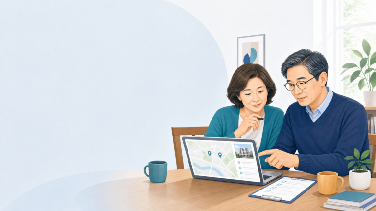 이사 전 주거지원 정보를 확인하는 중장년 부부